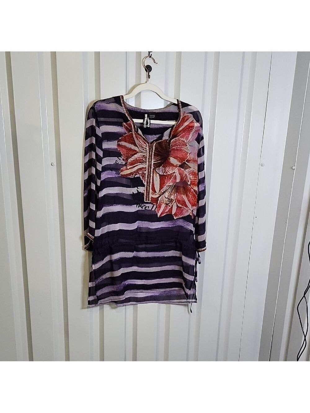 Desigual Womens Sheer Beaded Purple and Black Tunic Swim Coverup Size Large